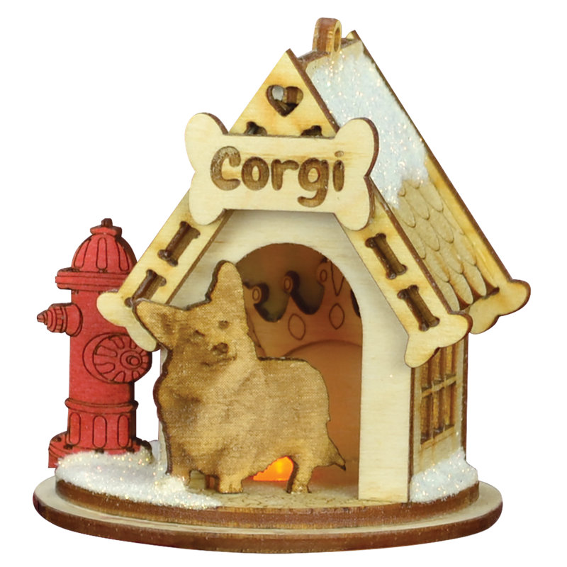 Laser-Cut Wooden Corgi Doghouse Christmas Ornament