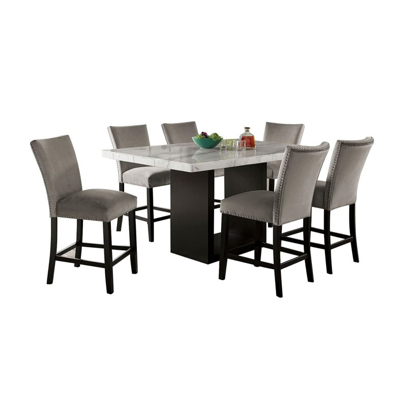 Ensemble de salle à manger élégant 7 pièces avec dessus en marbre véritable et 6 chaises en flanelle gris clair