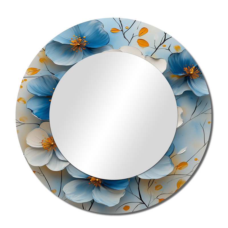 Velours cerisier en fleurs bleu Simplicity I - Art mural miroir floral décoratif, 36 po x 36 po