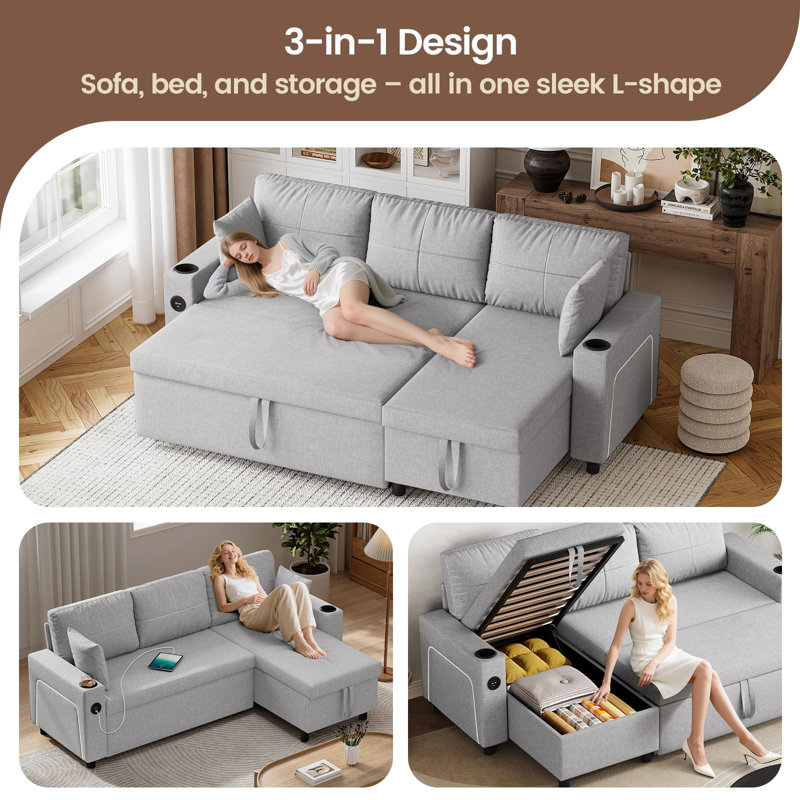 3 Seater Fabric Sofa Bed, Light Grey