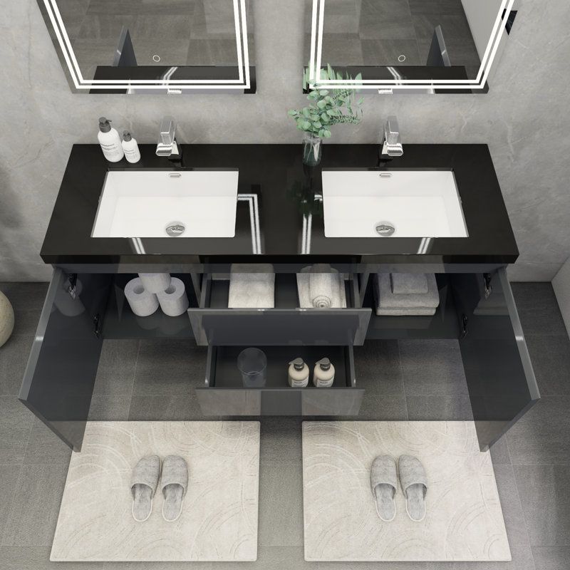 Castin 60" Wall-Mounted Double Bathroom Vanity Set, Glossy Grey