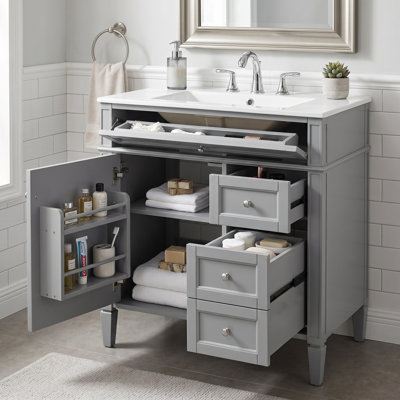 Meuble-lavabo minimaliste moderne de 30 po avec lavabo supérieur - 2 tiroirs, tiroir escamotable et organisateur de porte, armoire de rangement autoportante pour petites salles de bain ou salles d'eau
