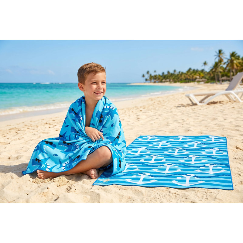 Reversible Microfiber Beach Towel for Kids - Quick Dry, Sand Free 28 x 58 inch - Fun Shark & Anchor Print Pool Towel for Boys