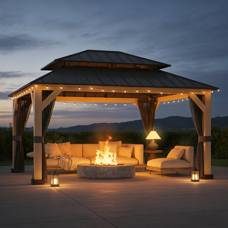 13 Ft. W X 11 Ft. D  Solid Wood Outdoor Hard Top Patio Gazebo with Mosquito Netting, 120" H x 156" W x 132" D