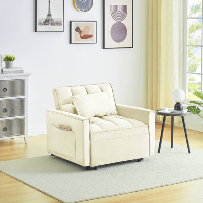 Lit inclinable simple 3 en 1, dossier réglable, couleur blanc crème, revêtement en velours, structure en bois, chaise convertible parfaite pour les petits espaces, sièges, structure en eucalyptus, bons bureaux