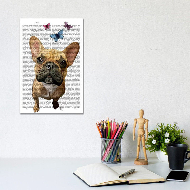 Brown French Bulldog & Butterflies 1 Piece Wrapped Canvas Wall Art, 20.32 cm H x 30.48 cm W