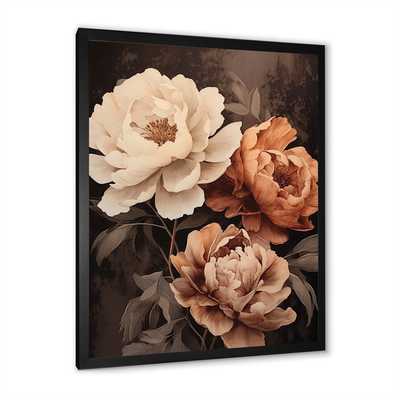 Pivoines botaniques rétro dévoilées II sur toile, Cadre photo noir, H 44 po x l 34 po x P 1,5 po