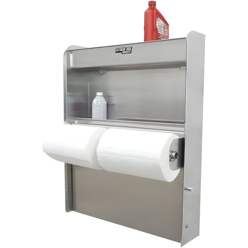 Aluminum Work Station Storage Cabinet With Flip-Out Work Tray And Paper Towel Rack Organizer For Garage, Shop, And Enclosed Trailers