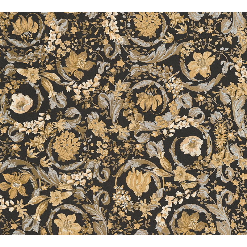  Papier peint en vinyle Butterscotch Empress, Noir / or / argent / gris