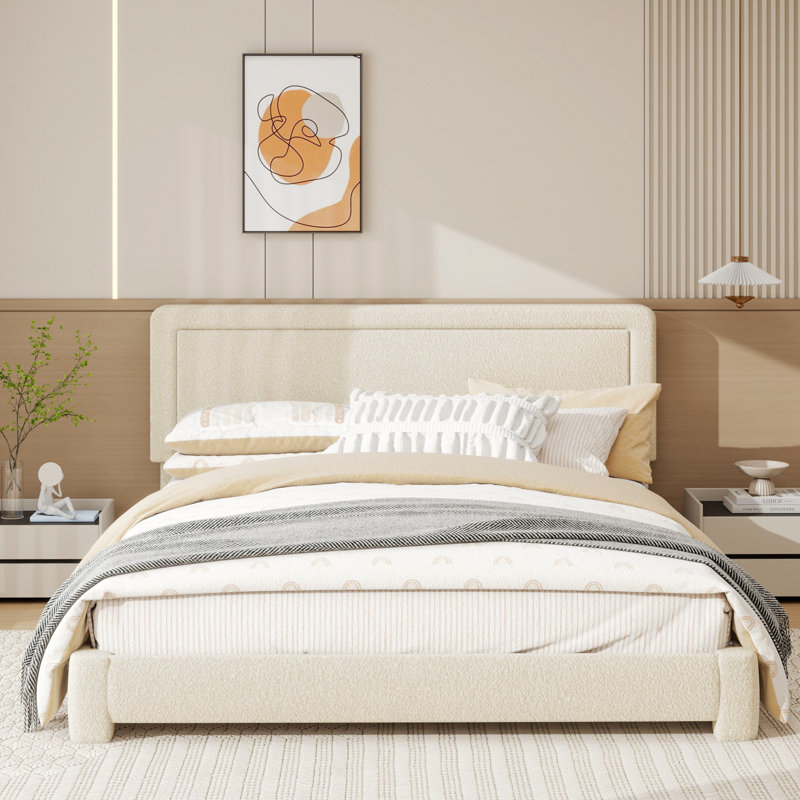 Cordoba Upholstered Platform Bed with Adjustable Headboard, Beige, Full / Double