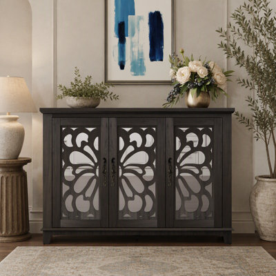 Buffet de comptoir de 49,33 po x 15,55 po de taille spacieuse avec 3 portes en miroir, armoire à buffet réglable, armoire de rangement pour le salon, la chambre à coucher, la salle à manger, la cuisine, le placard de couloir de couleur brune