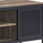 Console rustique en chêne avec pieds et compartiments en métal pour support électronique