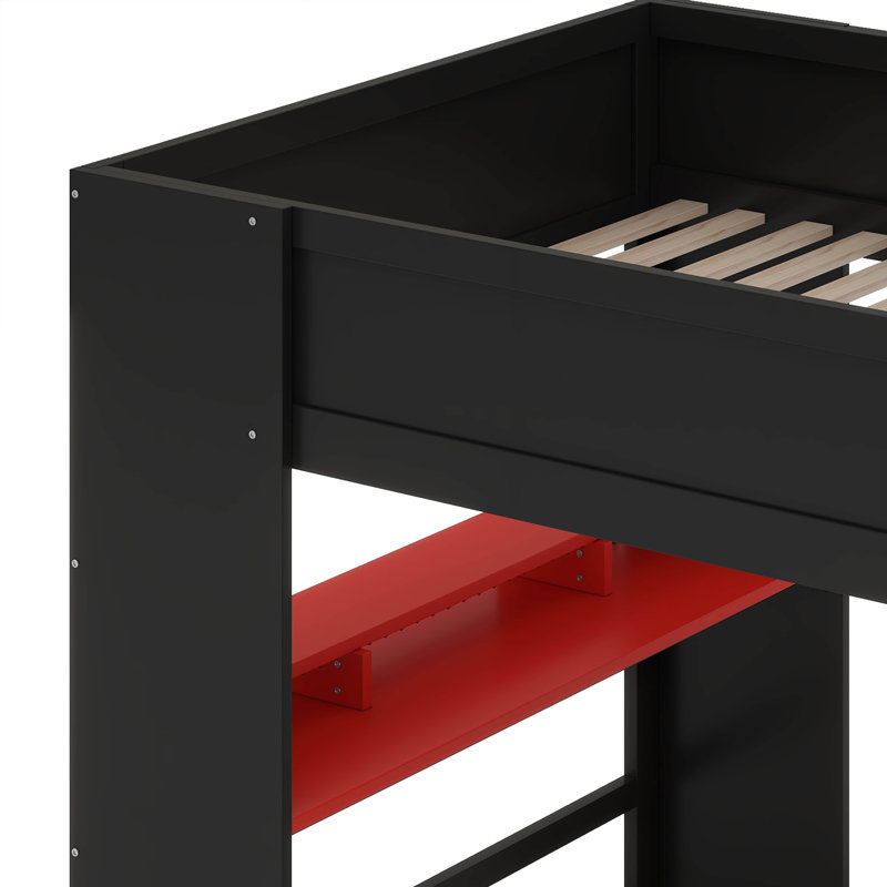 Lit mezzanine double avec bureau à hauteur réglable, garde-robe et lumière RVB, Noir / rouge