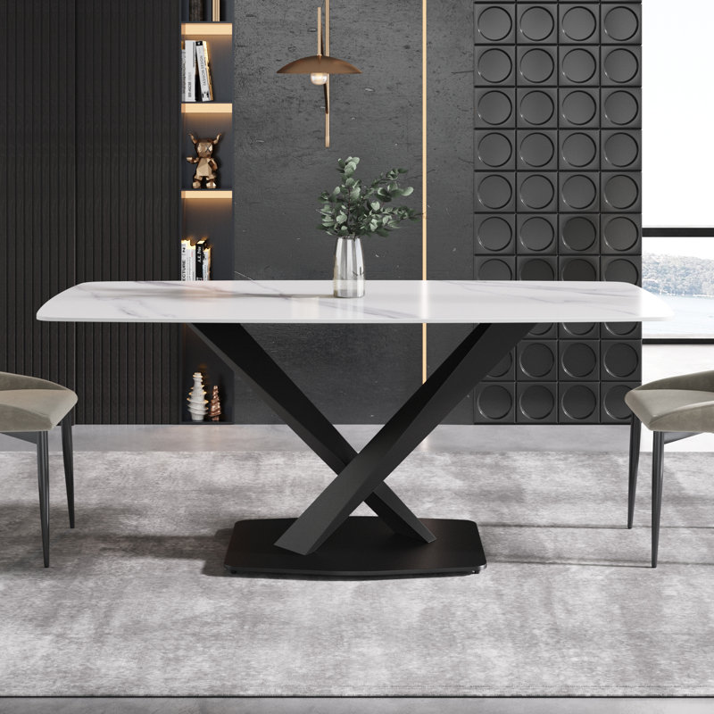 70.87" Kitchen Table, Dining Room Table, Modern Dining Table for 6-8 People, White, 70.87'' L x 35.43'' W, Black
