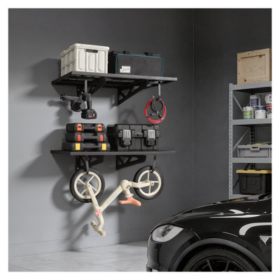 Étagère murale de garage robuste à 2 niveaux avec crochets, support de rangement flottant en acier d'une capacité de 500 lb pour organiser les outils et les bacs