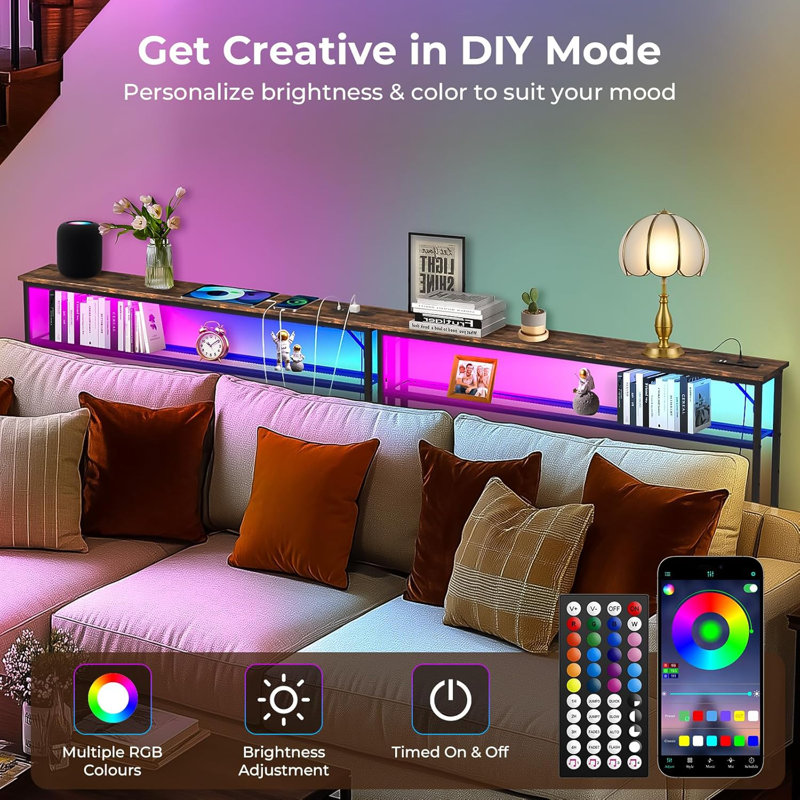 78.8" Behind Couch Table With 2 Power Outlets&Led Light