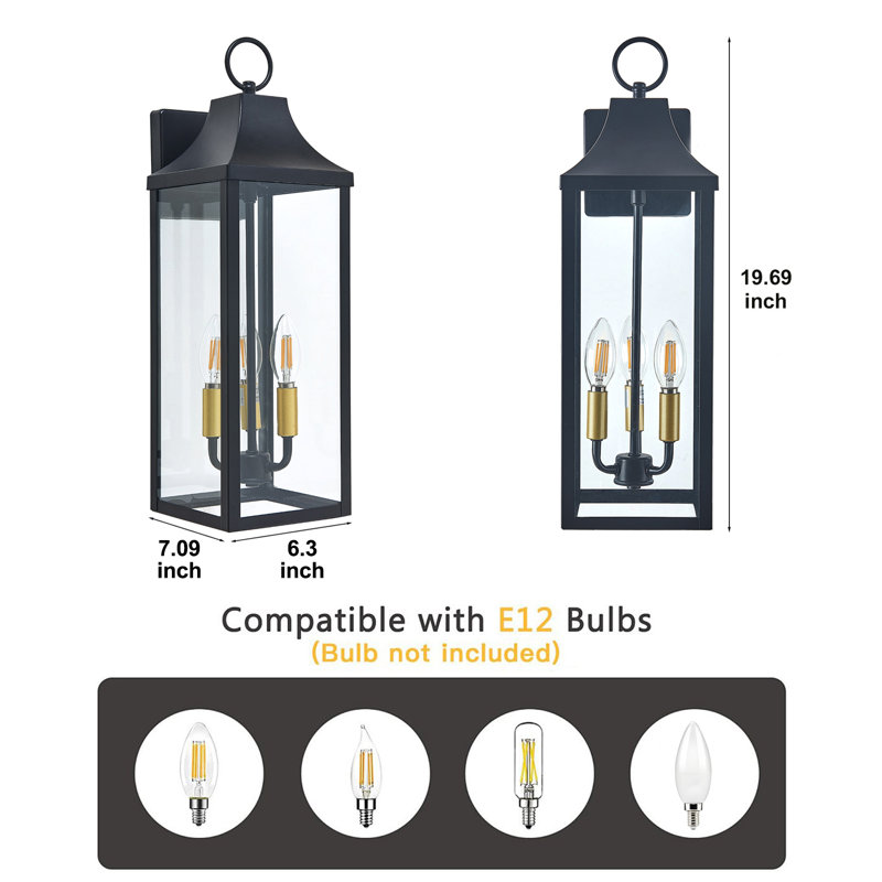 Applique murale d'extérieur 3LT 20,47 pouces avec abat-jour en verre transparent, finition noire, imperméable, douille E12, ampoule non incluse