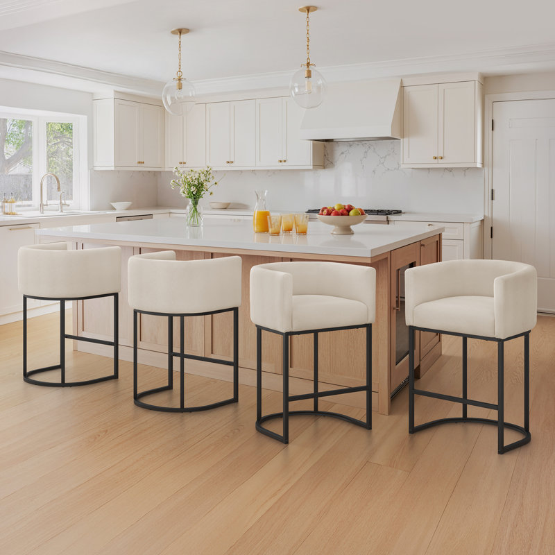 Modern Upholstered Counter Stool with Metal Frame, Linen Linen/Black