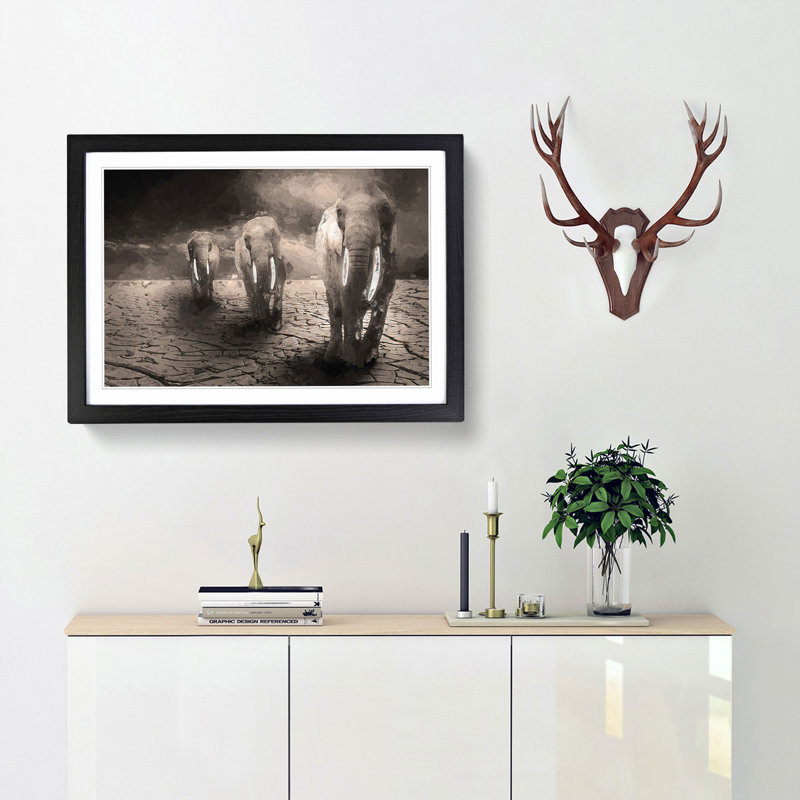 Trio of Elephants in Abstract - Picture Frame Graphic Art Print, Black, 60cm H x 91cm W x 2cm D