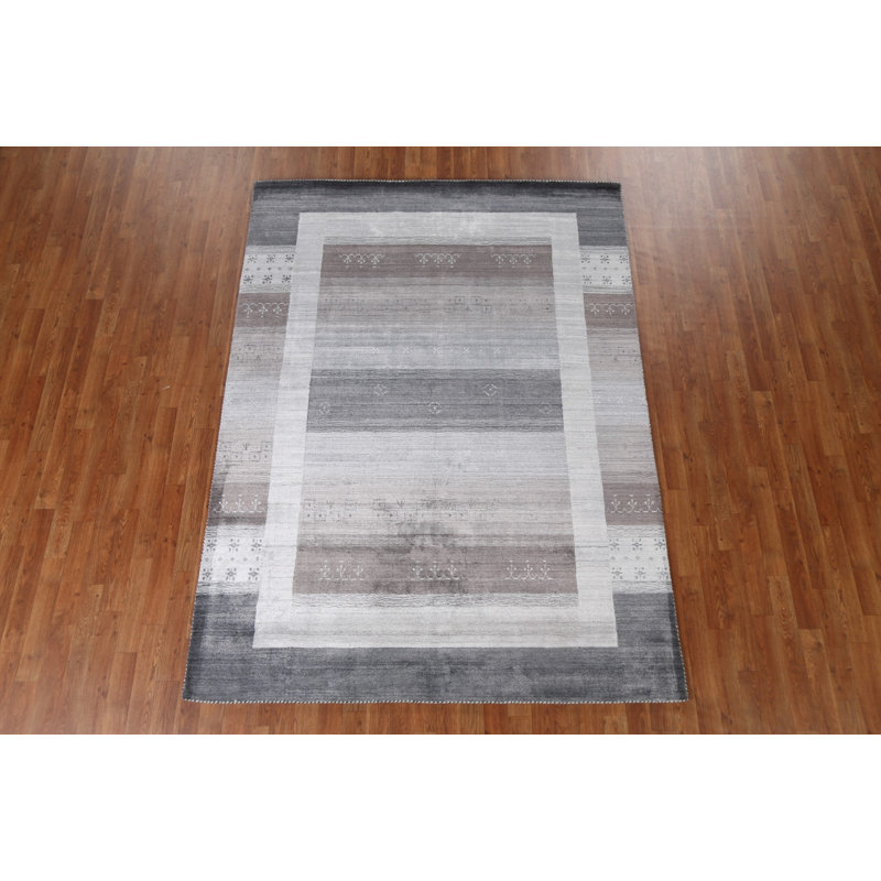 Tapis ivoire / gris / brun en soie noué à la main de conception unique 5 pi 10 po x 7 pi 11 po