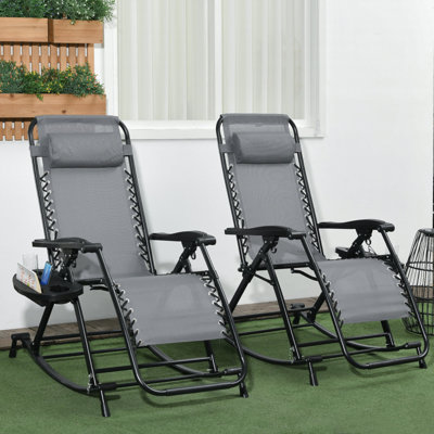 Outsunny 2 Pieces Outdoor Rocking Chairs, Foldable Reclining Zero Gravity Lounge Rocker With Pillow, Cup & Phone Holder, Combo Design With Folding Legs