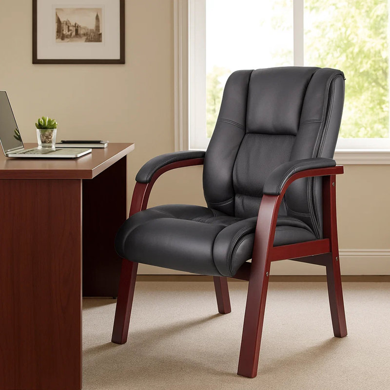 Fauteuil d'invité Aria avec finition en bois brun cerise, vinyle noir, Brun cerisier