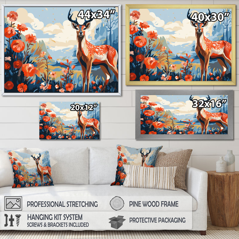 Red and Blue Deer In Forest - Deer, art mural animal, H 24 po x l 32 po x P 1 po, Cadre flottant doré