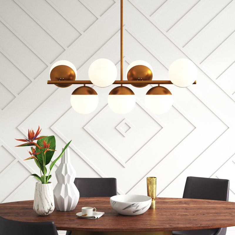 Azareyah 7-Light Dimmable Mid-Century Modern Chandelier, Frosted White, Brass