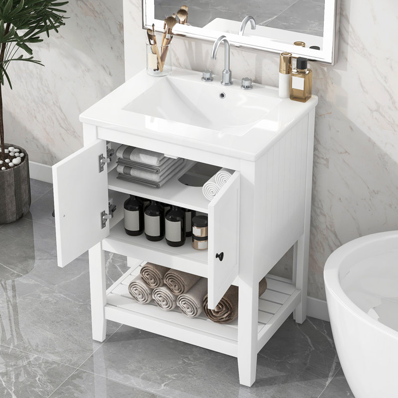 Lavabo de salle de bain moderne élégant en céramique 24 po avec tablette ouverte en bois massif, Blanc