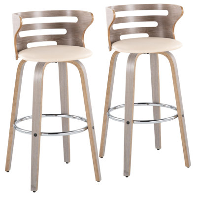 Tabouret de bar 30 po à hauteur fixe Mid-Century avec pivot en bois gris clair et similicuir crème avec repose-pieds rond en métal chromé - ensemble de 2