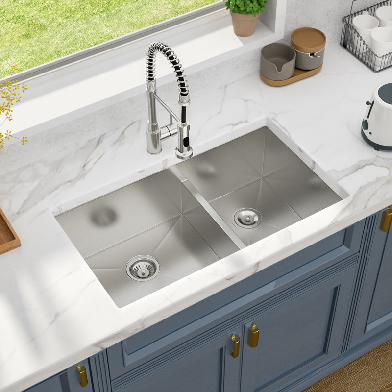 33" L x 19" W Undermount Short Height Double Bowl Kitchen Sink Double Basin 16 Gauge Stainless Steel Sink