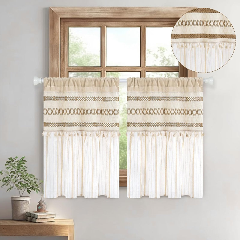 Rideau court rayé pour fenêtres, style bohème, crochet, petit rideau pour cuisine, passe-tringle, rideau filtrant la lumière pour salle de bain, café