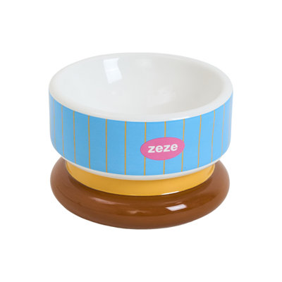 Zeze Retro Stripe Raised Ceramic Pet Bowl - Elevated 11 oz Anti-Splash Feeding Bowl For Cats & Small Dogs, Blue