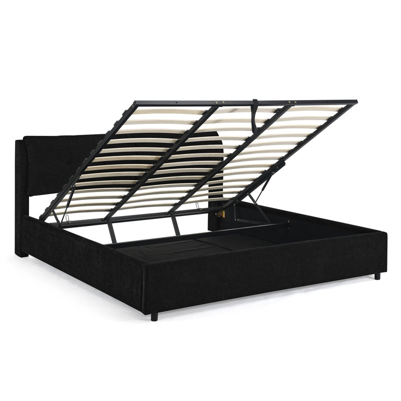 Très grand lit plateforme tapissier hydraulique avec tête de lit intégrée, tissu chenille, noir