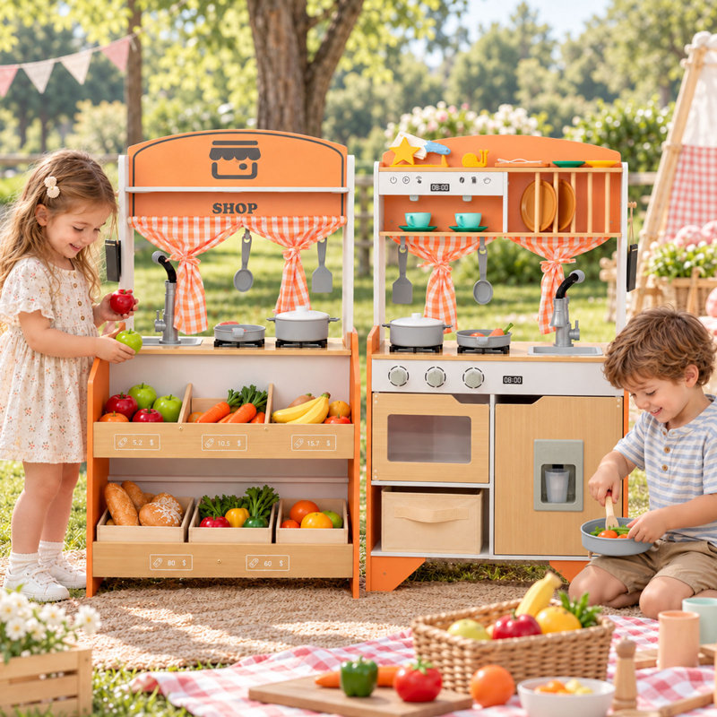 Présentoir de cuisine et de jeu 2 en 1 à double face en bois rose, White