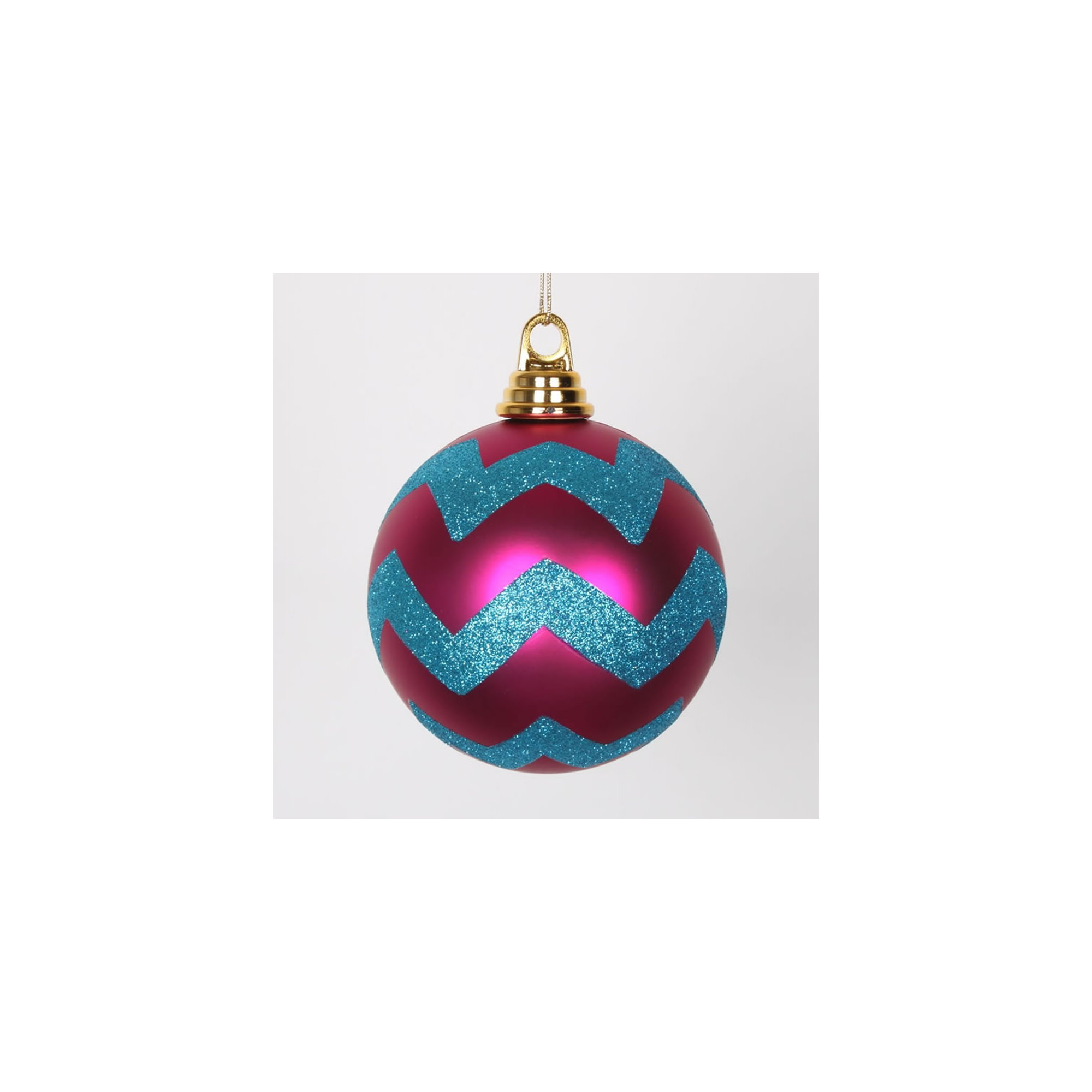 Chevron Shatterproof Christmas Ball Ornament, 4.75"H x 4.75" W x 4.75" D, Cerise Pink Matte/Turquoise Blue