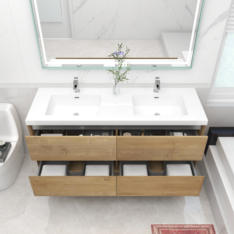 Ensemble de meuble-lavabo double mural 60 po Audrieana, Chêne foncé