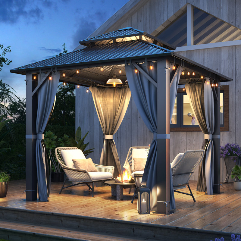 8.5 ft. W x 8.5 ft. D Outdoor Aluminum Galvanized Steel Hardtop Patio Gazebo with Netting & Curtains, 8.5 ft. W x 8.5 ft. D