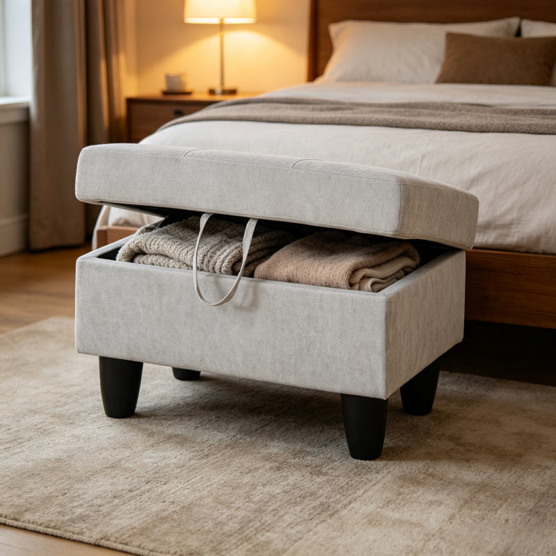 Rectangular Light Grey Tufted Fabric Storage Ottoman, Multi-Functional Footrest Bench with Hidden Storage, Supports 300 Lbs