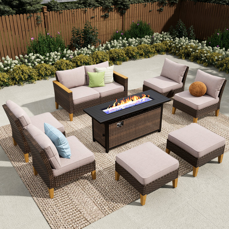 Ensemble de meubles de patio en osier 8 pièces Argyri, Oui, Beige