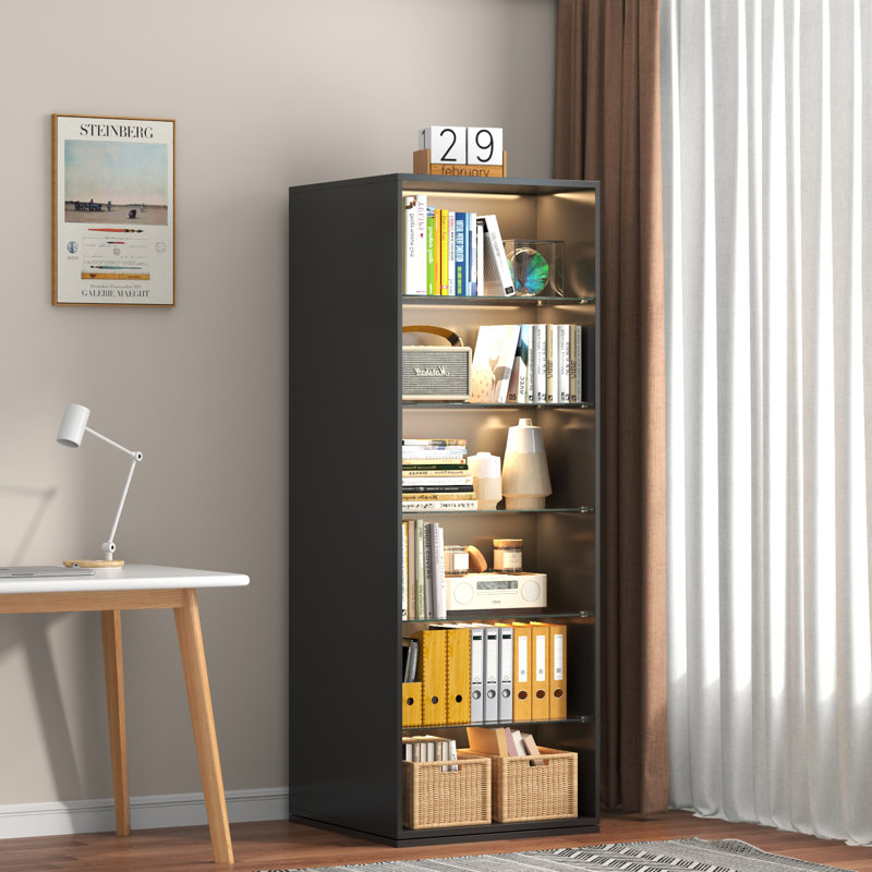 Cyntheia Rotating Bookshelf with LED Lights, 6 Tier Revolving Bookcase with Adjustable Shelf, Black