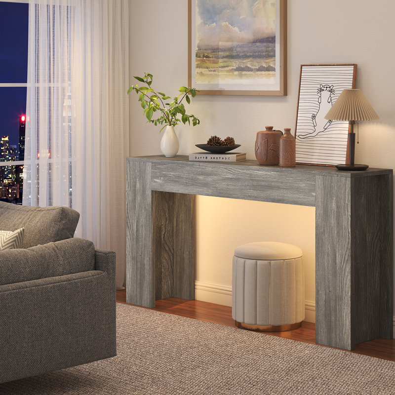 Console de 63 pouces de long avec éclairage à DEL, canapé de style campagnard derrière le canapé, console en bois pour le hall d'entrée du couloir, gris