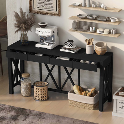 60''Acacia Veneer Console Table With 4 Spacious Drawers