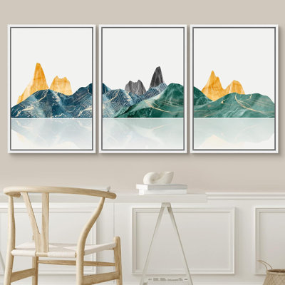 " Gold Teal Vibrant Mountain Landscape Landscape Illustration Modern Art Decor Nordic Calm Zen " 3 - Pieces