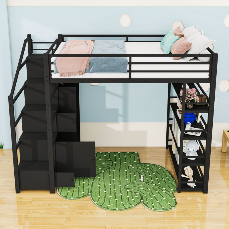 Lit mezzanine multifonctionnel en métal avec tablettes, garde-robe et escalier de rangement