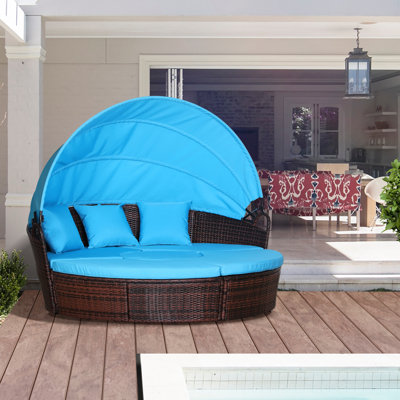 Lit de jour extérieur 4 pièces Aquiel, méridienne de patio avec canapé-lit rond rembourré, ensemble de conversation modulaire pour patio avec auvent et table basse, blanc crème
