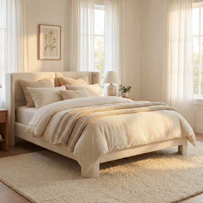 Structure de lit rembourrée avec tête de lit et ports USB, conception en nuage, aucun sommier nécessaire, blanc crème