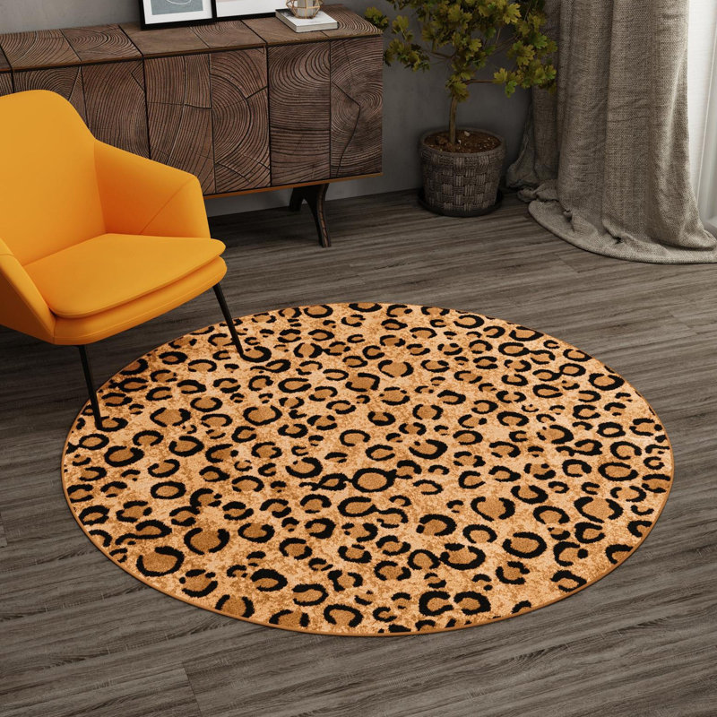 Tapis brun clair à imprimé animal Testerman, Rond 4 pi 1 po