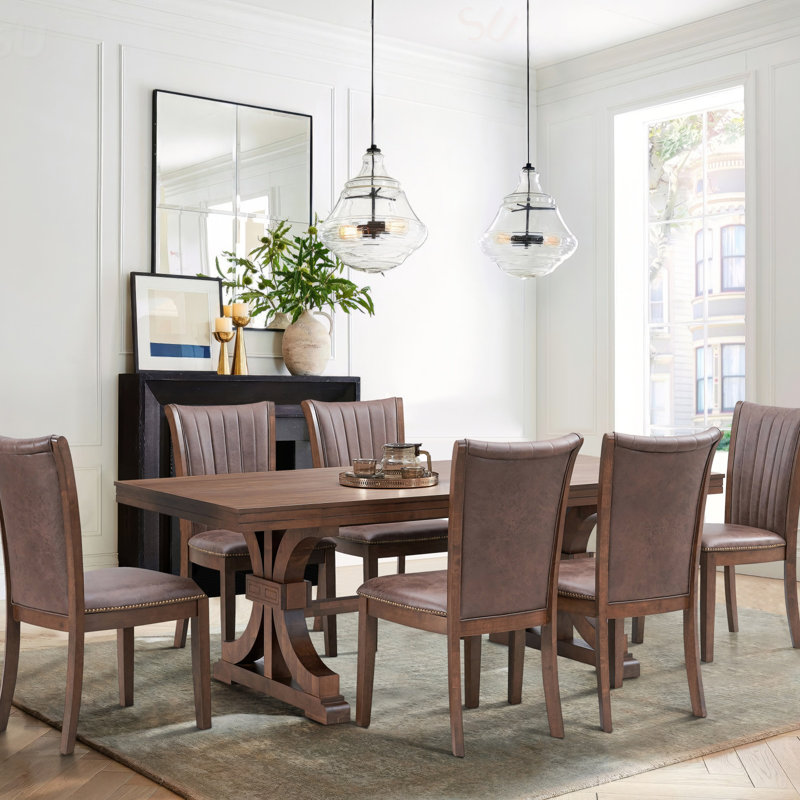 Mid Century Modern 7-Piece Dining Table Set With Rectangular Table And Faux Leather Upholstered Chairs, Ideal For Elegant And Retro Home Decor, Dining Table Set