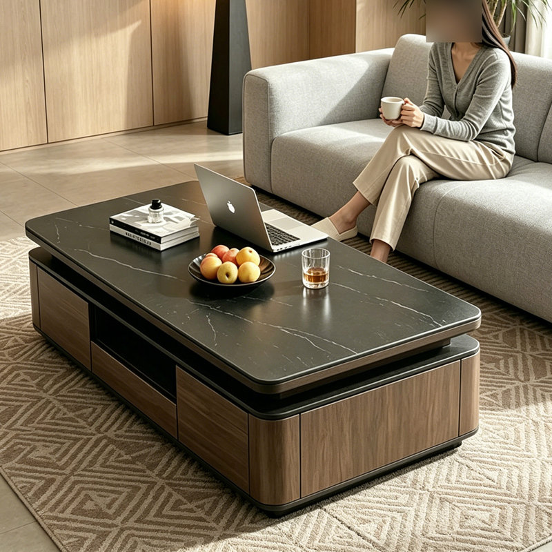 Rectangle Black Slate Storage Coffee Table, 17.71" H x 59.05" W x 31.49" D